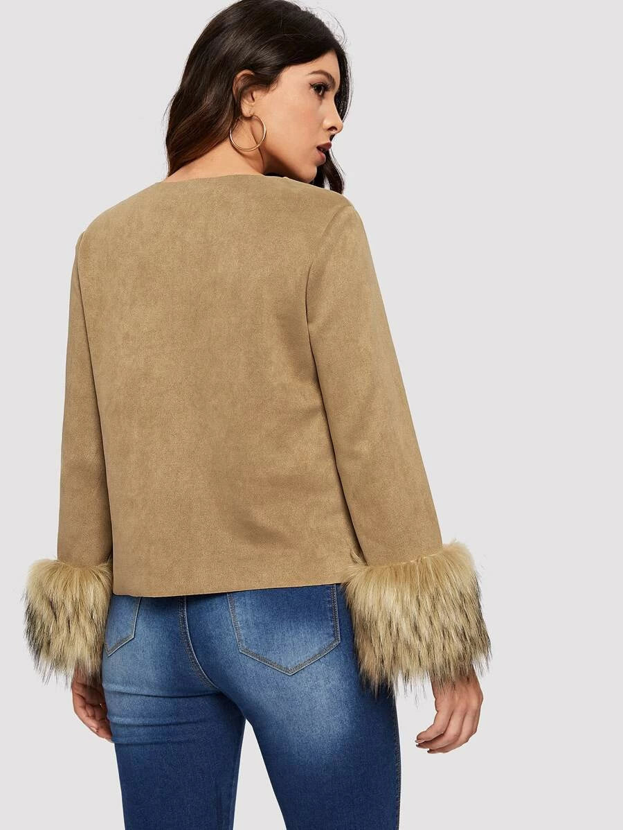 Fuzzy Cuff Open Front Suede Coat Periwinkley Shop