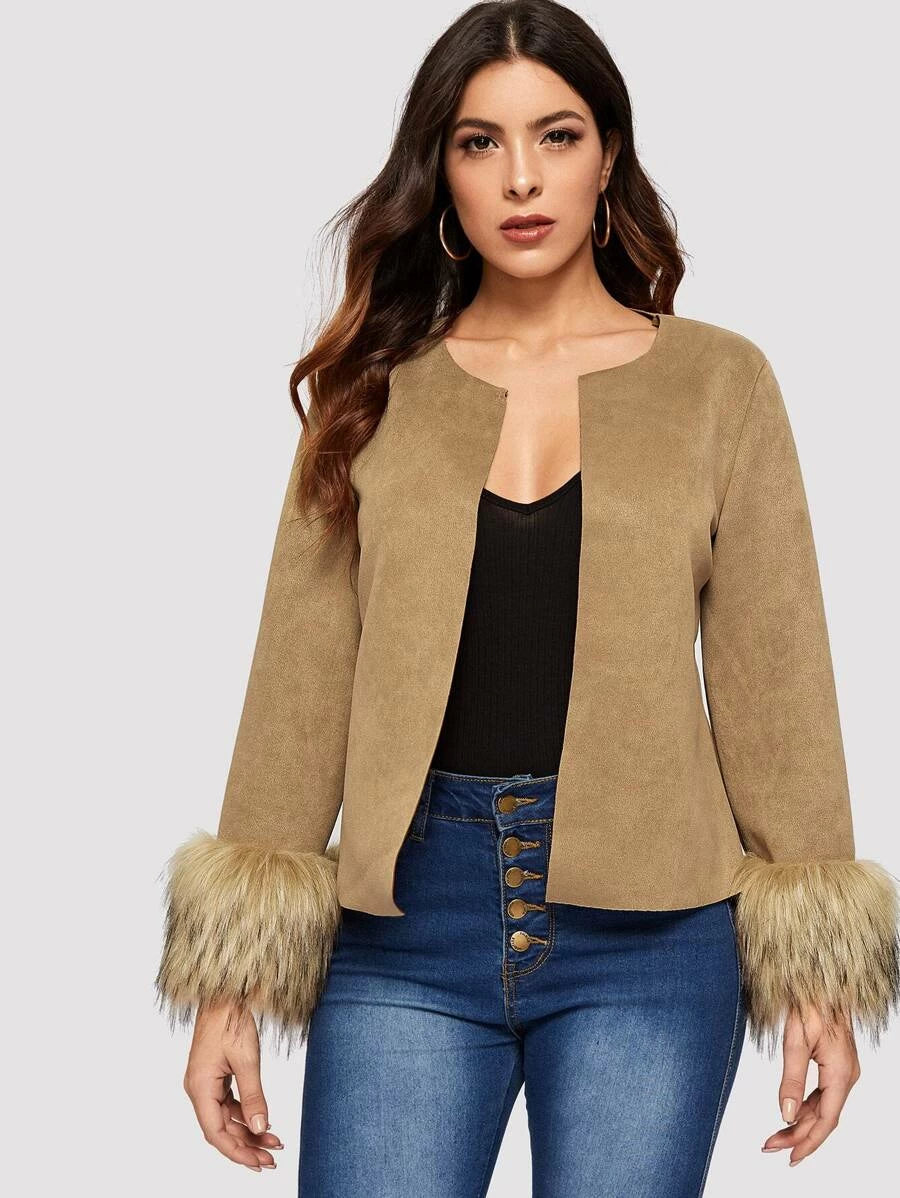 Fuzzy Cuff Open Front Suede Coat Periwinkley Shop