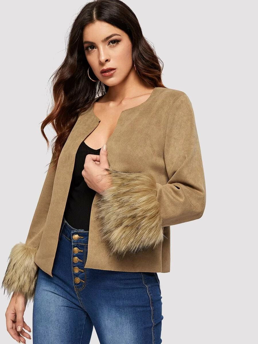 Fuzzy Cuff Open Front Suede Coat Periwinkley Shop