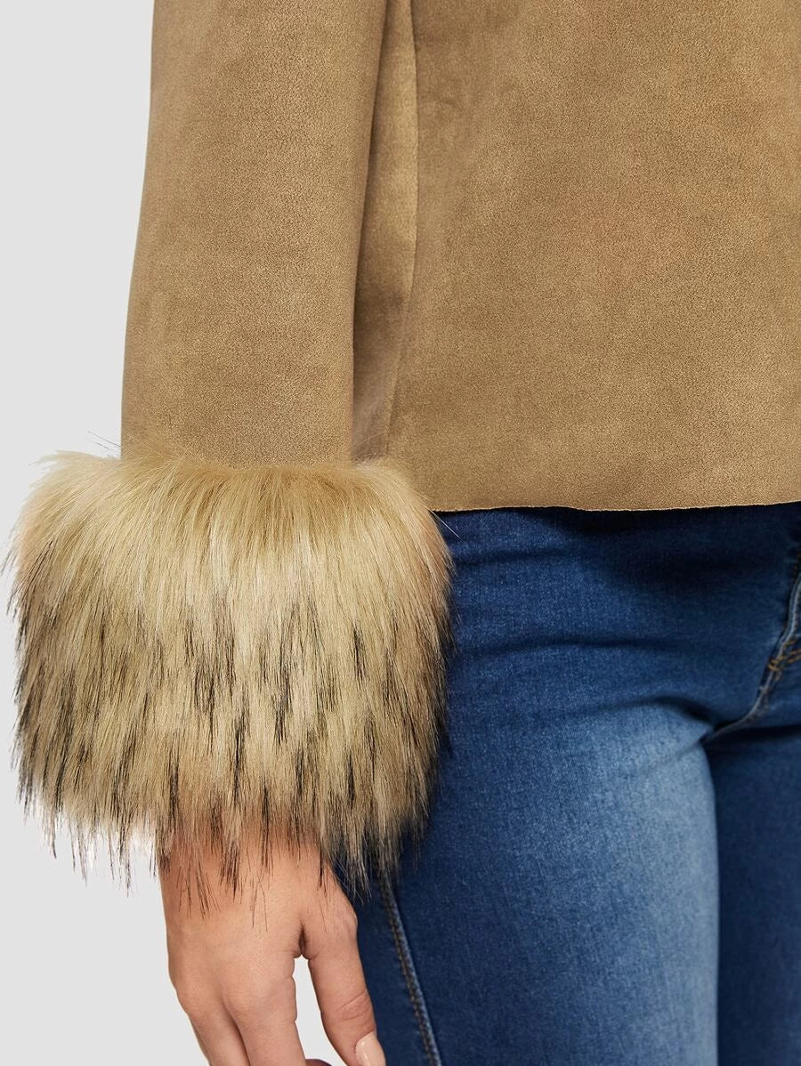 Fuzzy Cuff Open Front Suede Coat Periwinkley Shop