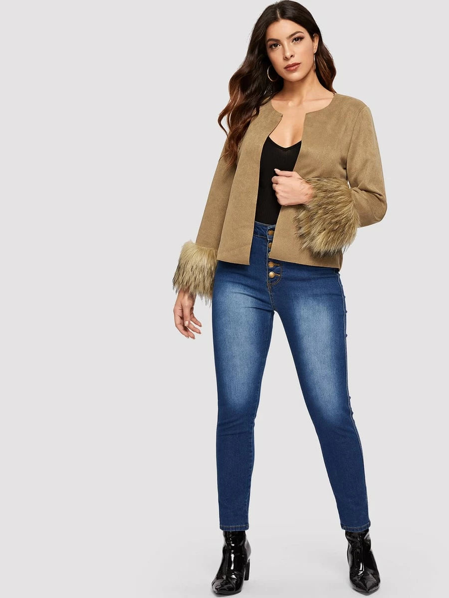 Fuzzy Cuff Open Front Suede Coat Periwinkley Shop
