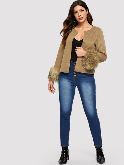 Fuzzy Cuff Open Front Suede Coat Periwinkley Shop
