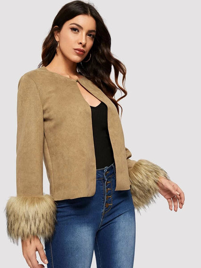 Fuzzy Cuff Open Front Suede Coat Periwinkley Shop