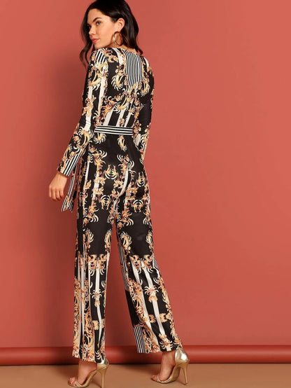 Plunge Neck Floral & Striped Belted Palazzo Jumpsuit Periwinkley Shop
