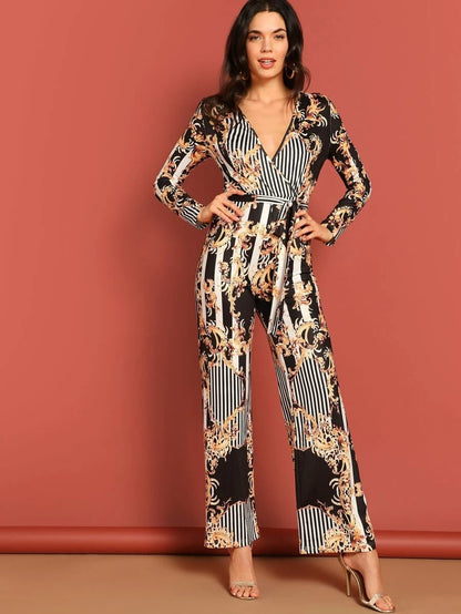 Plunge Neck Floral & Striped Belted Palazzo Jumpsuit Periwinkley Shop