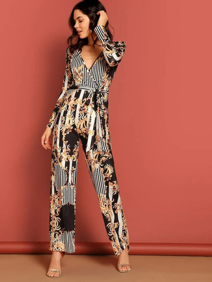 Plunge Neck Floral & Striped Belted Palazzo Jumpsuit Periwinkley Shop