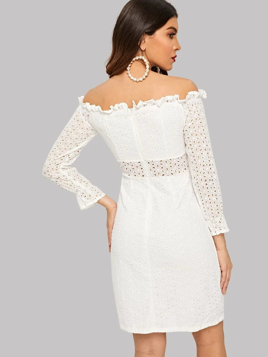 Frill Trim Bardot Neck Eyelet Embroidered Dress Periwinkley Shop
