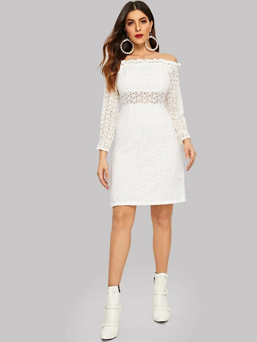 Frill Trim Bardot Neck Eyelet Embroidered Dress Periwinkley Shop