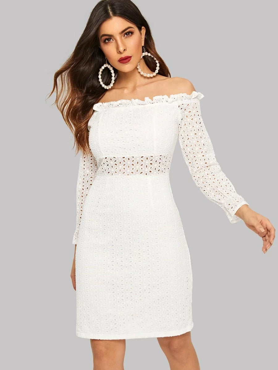 Frill Trim Bardot Neck Eyelet Embroidered Dress Periwinkley Shop