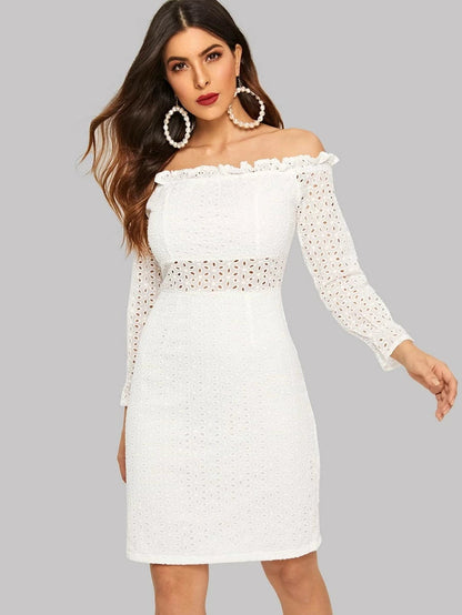 Frill Trim Bardot Neck Eyelet Embroidered Dress Periwinkley Shop