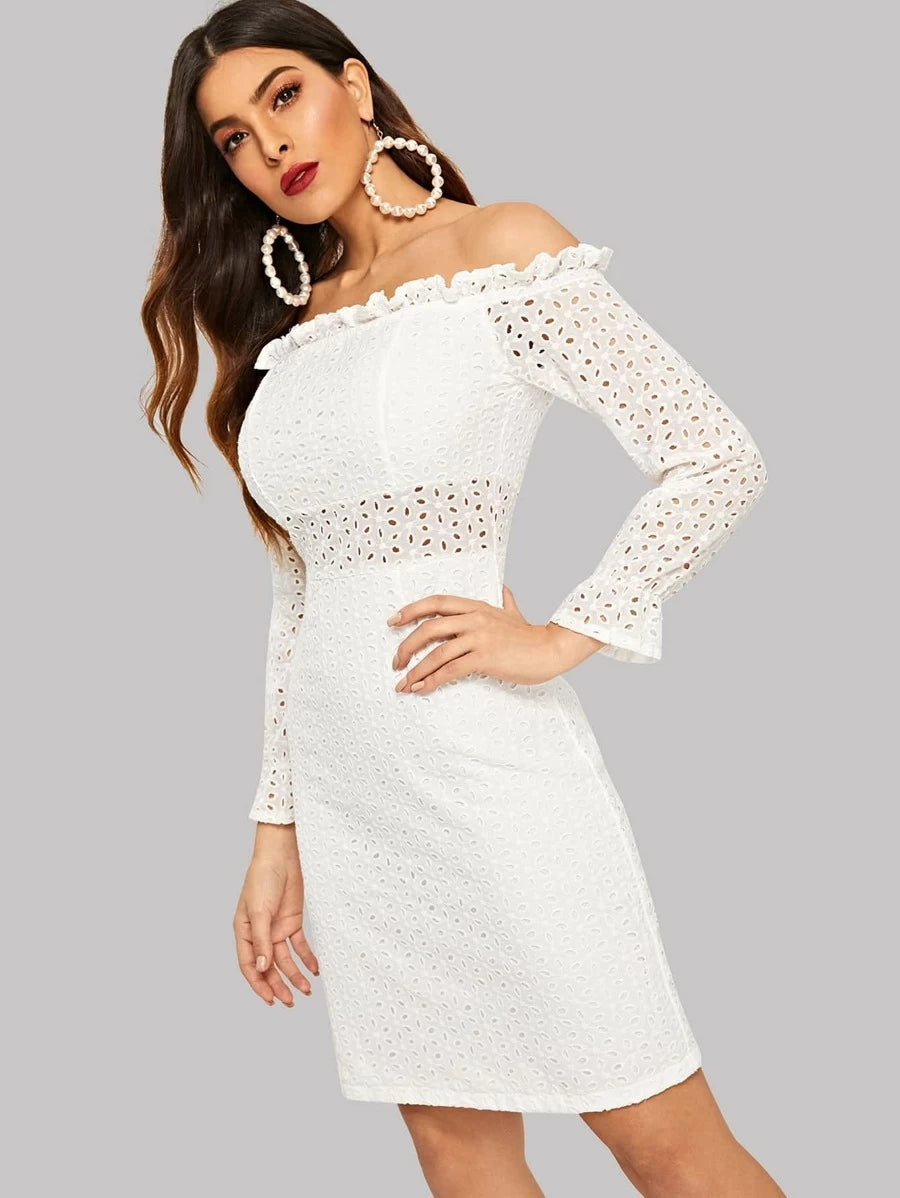 Frill Trim Bardot Neck Eyelet Embroidered Dress Periwinkley Shop