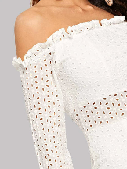 Frill Trim Bardot Neck Eyelet Embroidered Dress Periwinkley Shop