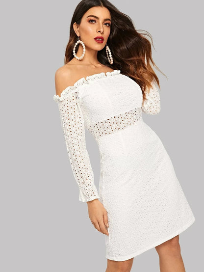 Frill Trim Bardot Neck Eyelet Embroidered Dress Periwinkley Shop