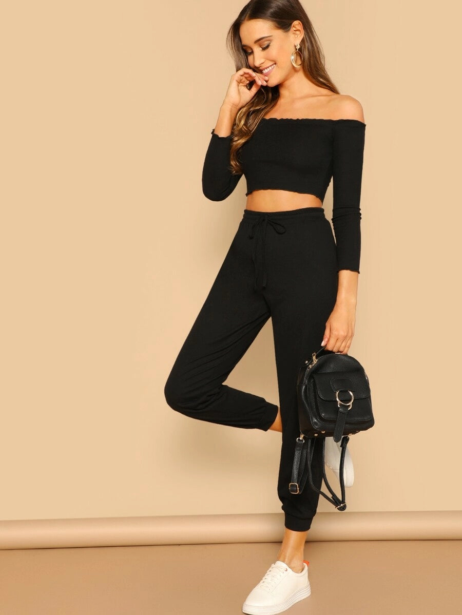 Crop Bardot Top & Pants Set Periwinkley Shop