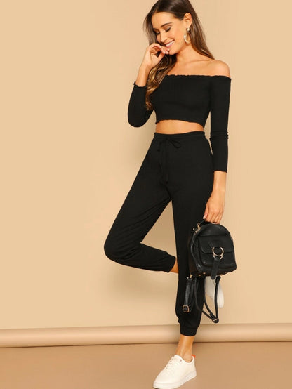 Crop Bardot Top & Pants Set Periwinkley Shop