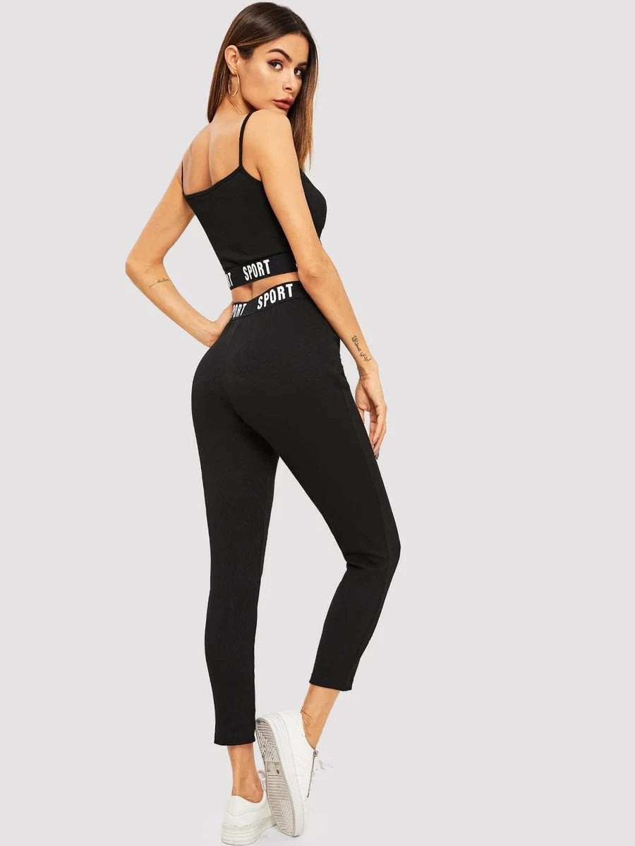 Letter print Trim Crop Cami & Leggings Set Periwinkley Shop