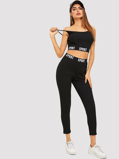 Letter print Trim Crop Cami & Leggings Set Periwinkley Shop