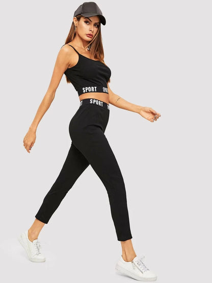 Letter print Trim Crop Cami & Leggings Set Periwinkley Shop