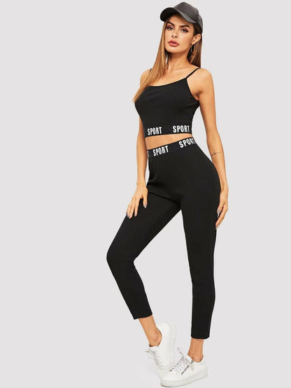 Letter print Trim Crop Cami & Leggings Set Periwinkley Shop