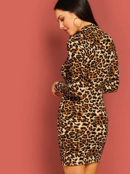 Mock Neck Form Fitting Leopard Dress Periwinkley Shop