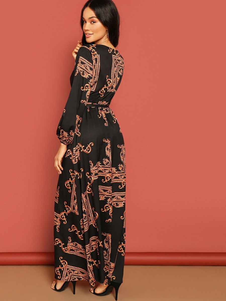Scarf Print Plunge Belted Maxi Wrap Dress Periwinkley Shop