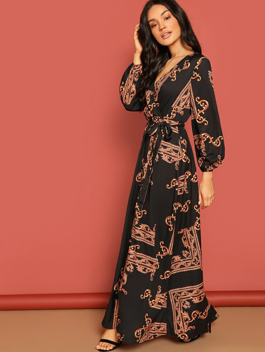 Scarf Print Plunge Belted Maxi Wrap Dress Periwinkley Shop