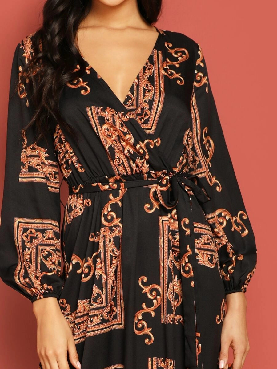 Scarf Print Plunge Belted Maxi Wrap Dress Periwinkley Shop