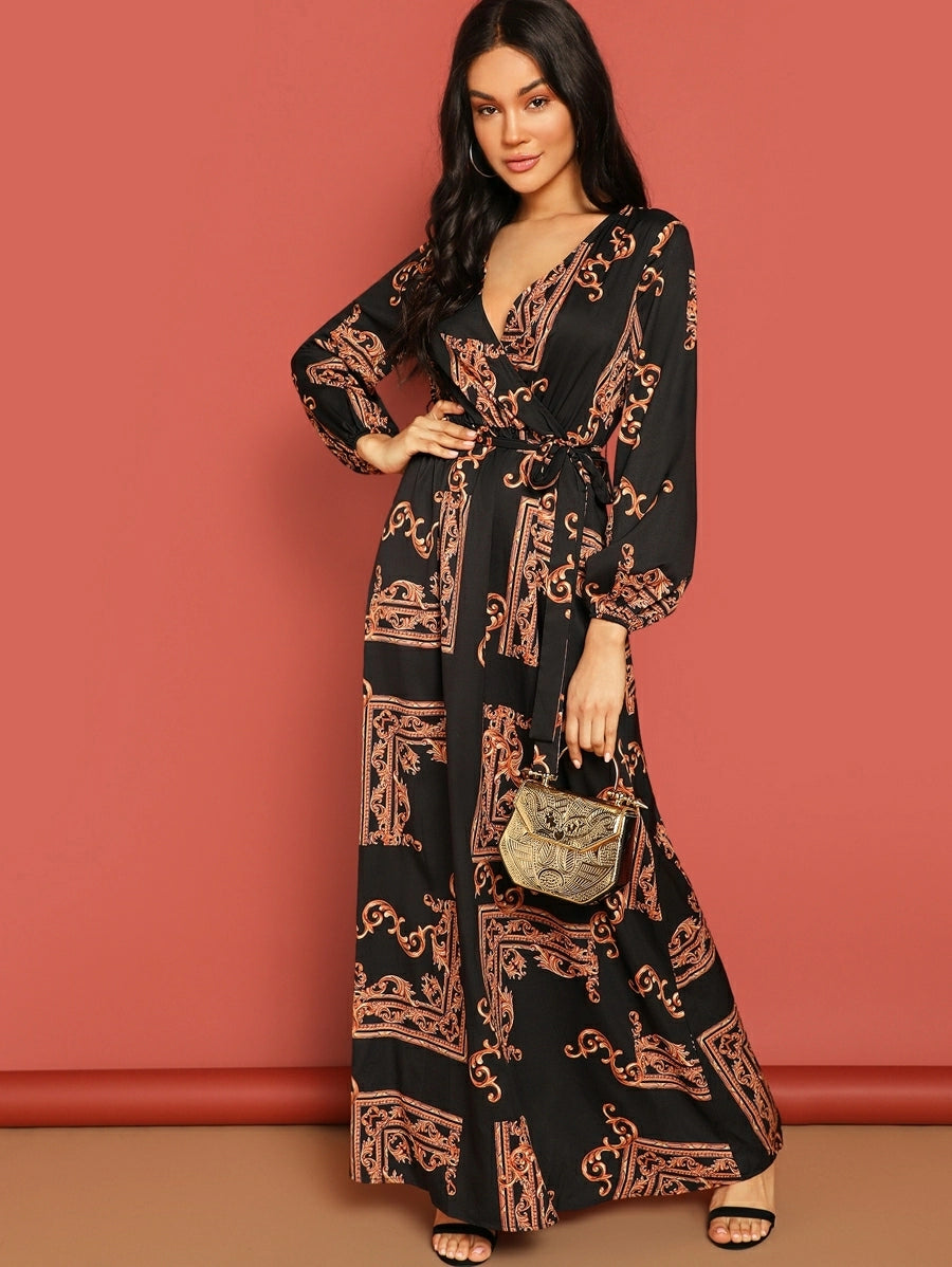 Scarf Print Plunge Belted Maxi Wrap Dress Periwinkley Shop