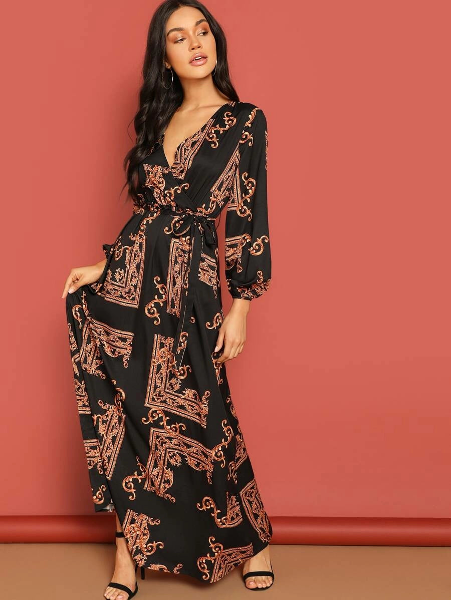 Scarf Print Plunge Belted Maxi Wrap Dress Periwinkley Shop