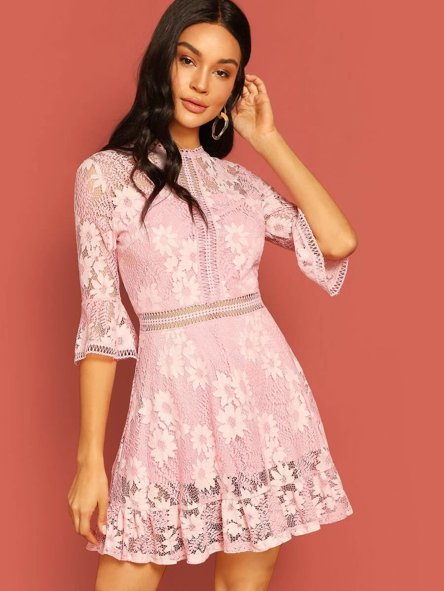 Lace Appliques Bell Sleeve Dress Periwinkley Shop