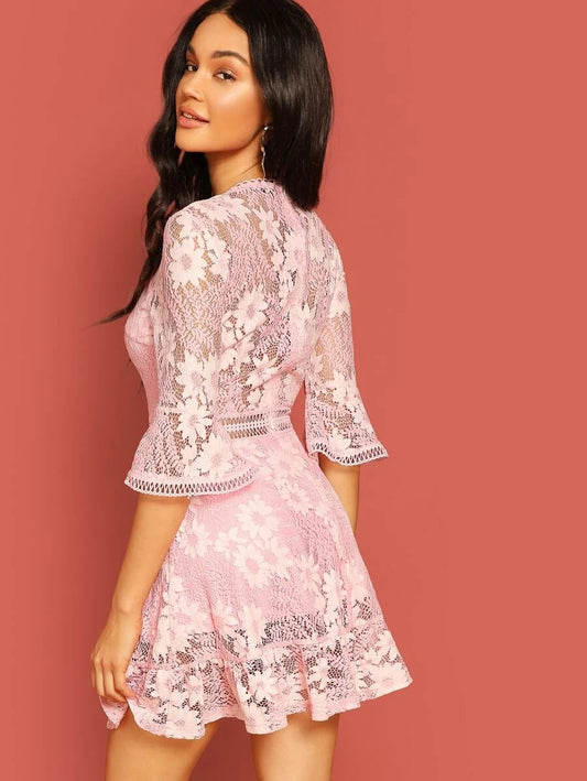 Lace Appliques Bell Sleeve Dress Periwinkley Shop