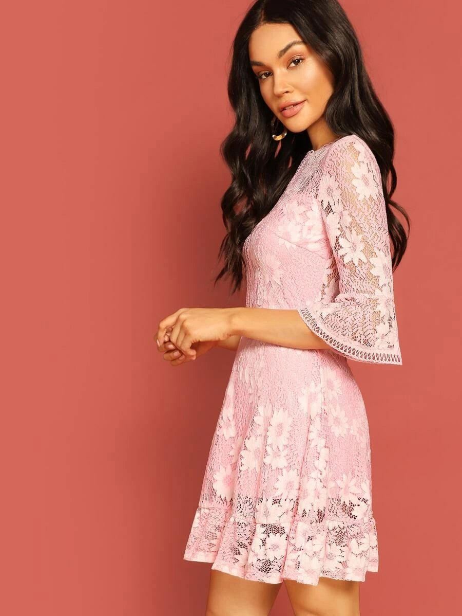 Lace Appliques Bell Sleeve Dress Periwinkley Shop