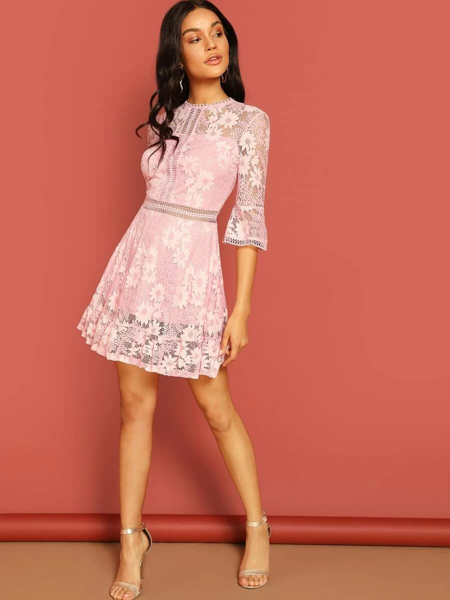 Lace Appliques Bell Sleeve Dress Periwinkley Shop