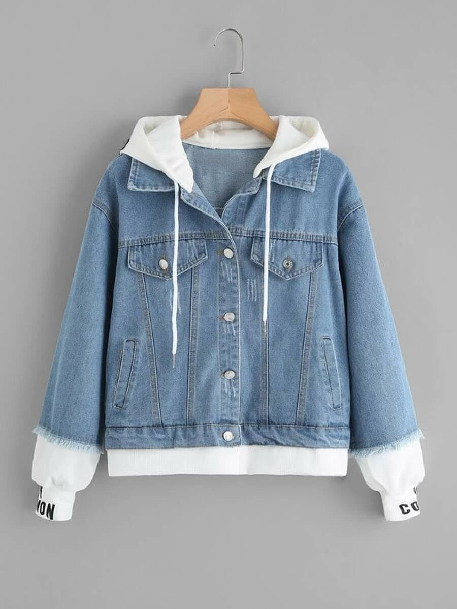 2 In 1 Ribbed Knit Trim Hooded Denim Jacket Periwinkley Shop