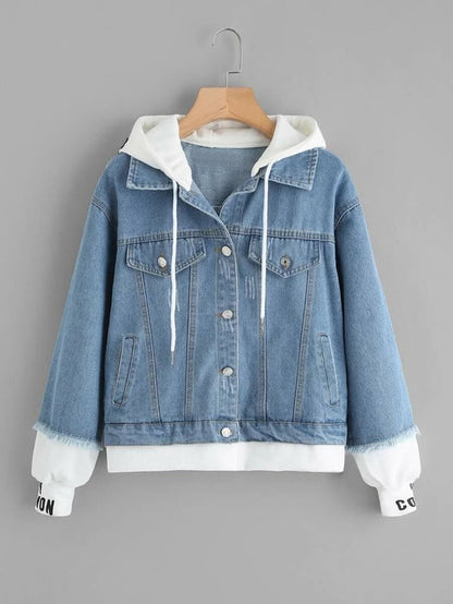 2 In 1 Ribbed Knit Trim Hooded Denim Jacket Periwinkley Shop