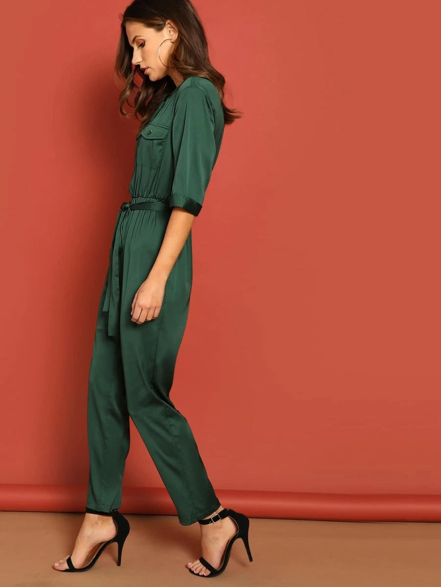 Pocket Patched Self Belted Utility Shirt Jumpsuit Periwinkley Shop