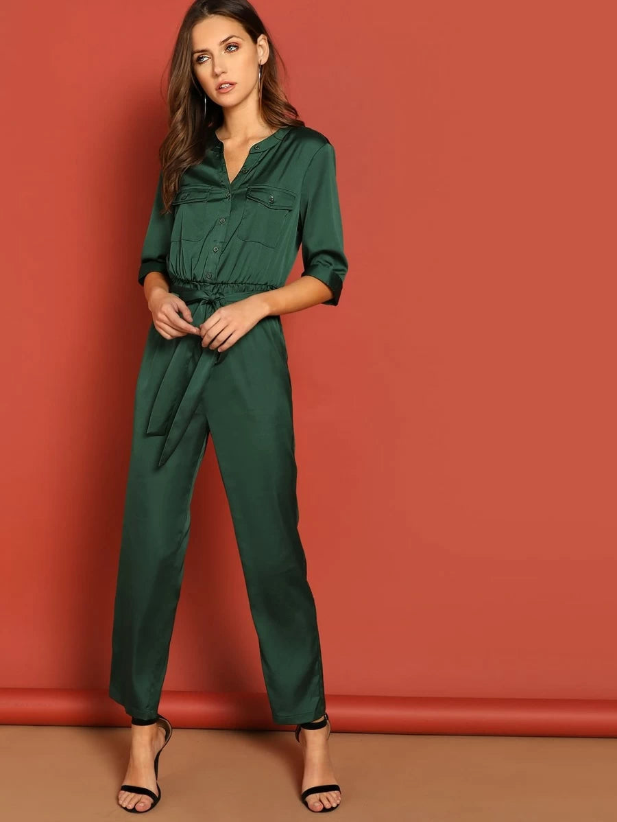 Pocket Patched Self Belted Utility Shirt Jumpsuit Periwinkley Shop