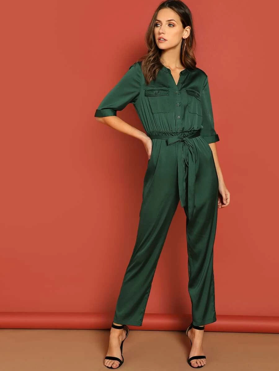 Pocket Patched Self Belted Utility Shirt Jumpsuit Periwinkley Shop