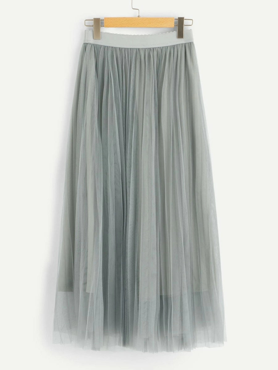 Wide Waist Pleated Mesh Skirt Periwinkley Shop