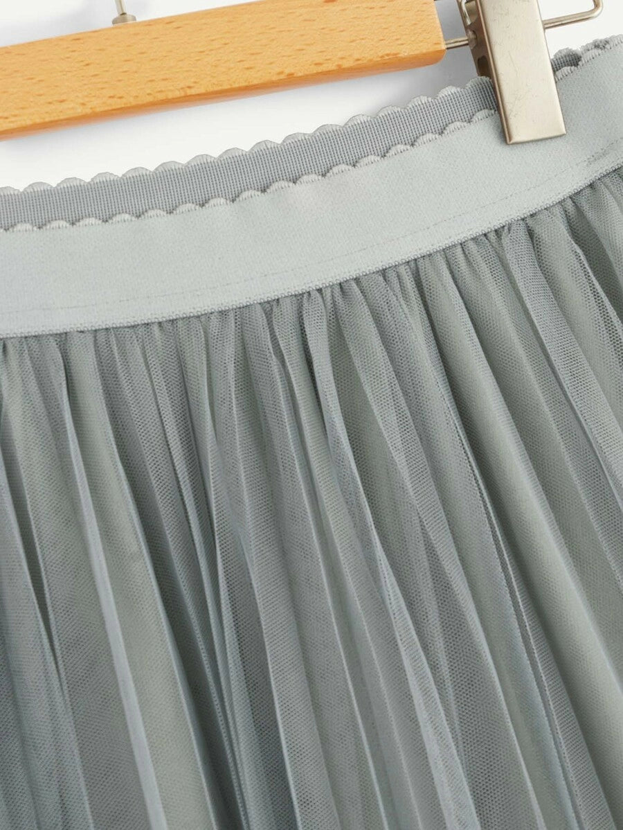 Wide Waist Pleated Mesh Skirt Periwinkley Shop