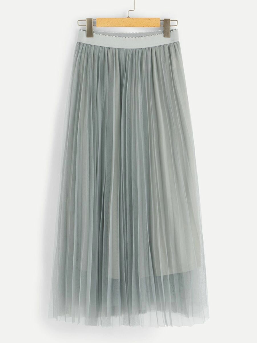 Wide Waist Pleated Mesh Skirt Periwinkley Shop