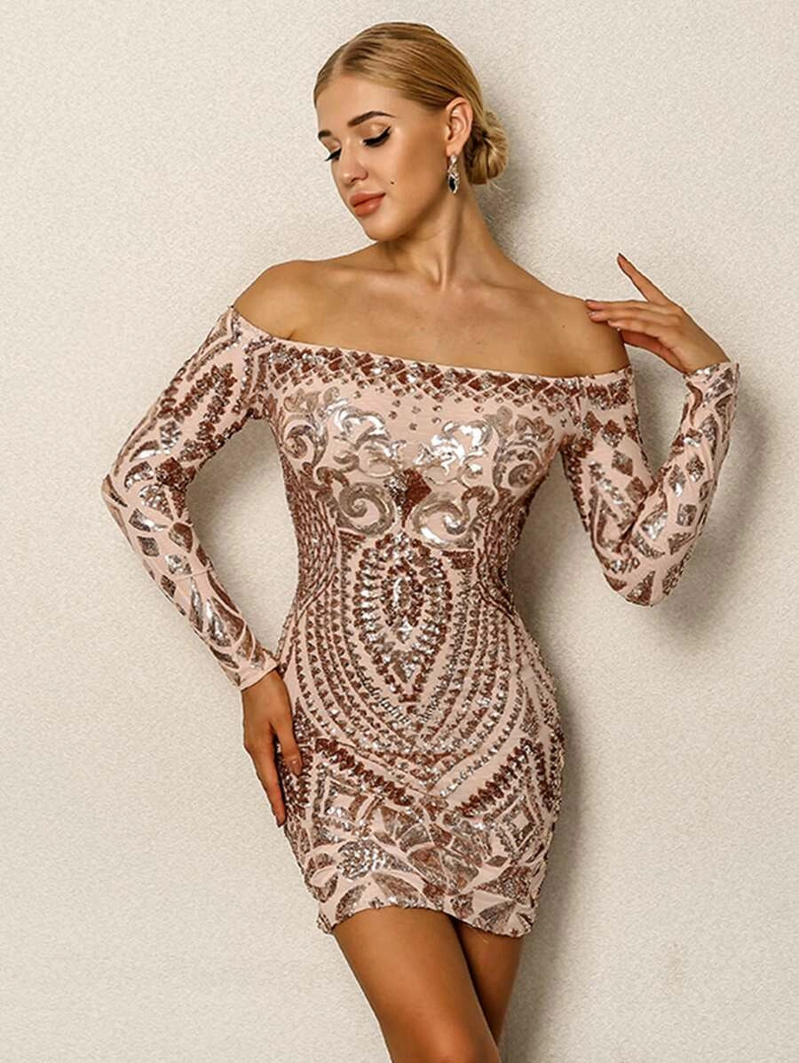 Joyfunear Sequin Cluster Off Shoulder Bodycon Dress Periwinkley Shop