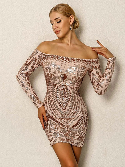 Joyfunear Sequin Cluster Off Shoulder Bodycon Dress Periwinkley Shop
