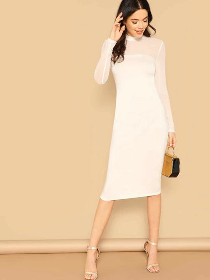 Mesh Insert Mock-neck Bodycon Dress Periwinkley Shop