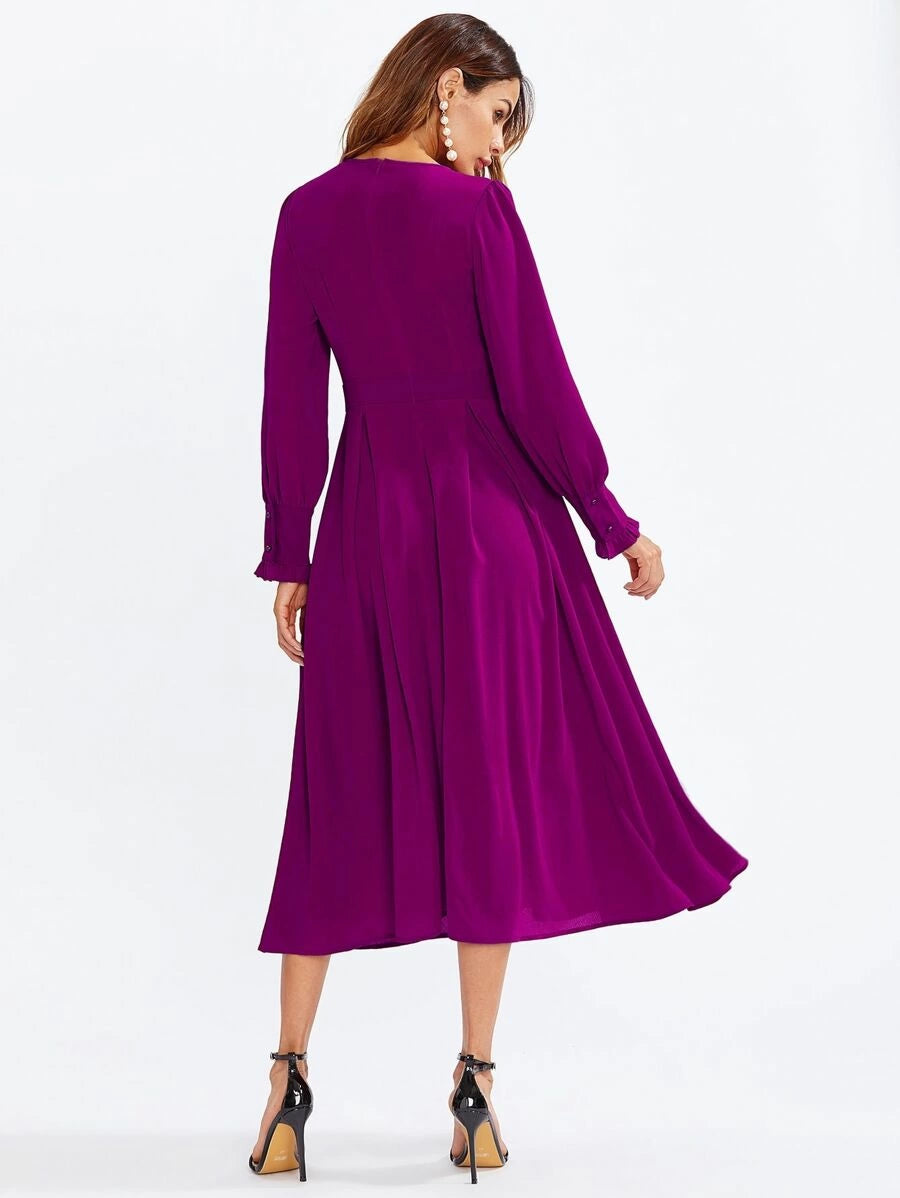 Frilled Cuff Boxed Pleated Dress Periwinkley Shop