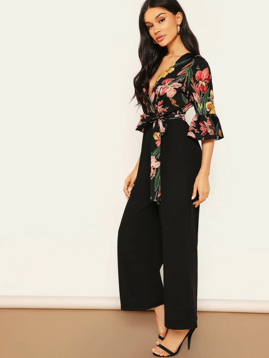 Floral Wrap Bodice Wide Leg Jumpsuit Periwinkley Shop