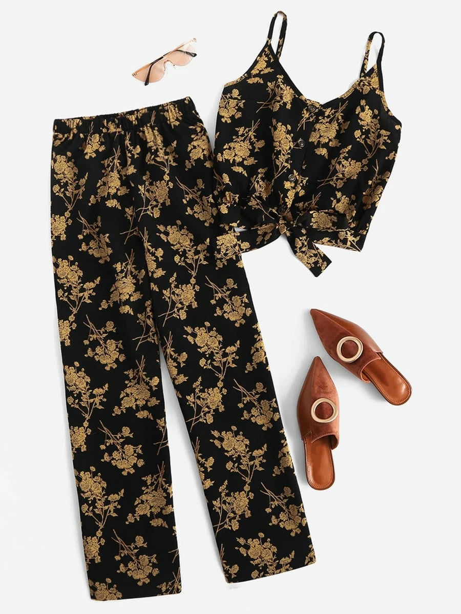 Floral Print Knot Hem Cami Top With Pants Periwinkley Shop