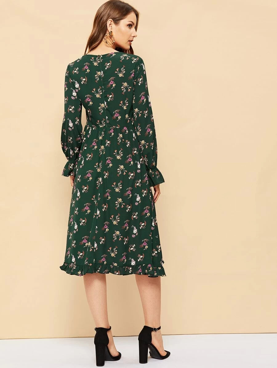 80s Frill Trim Allover Floral Print Pleated Dress Periwinkley Shop