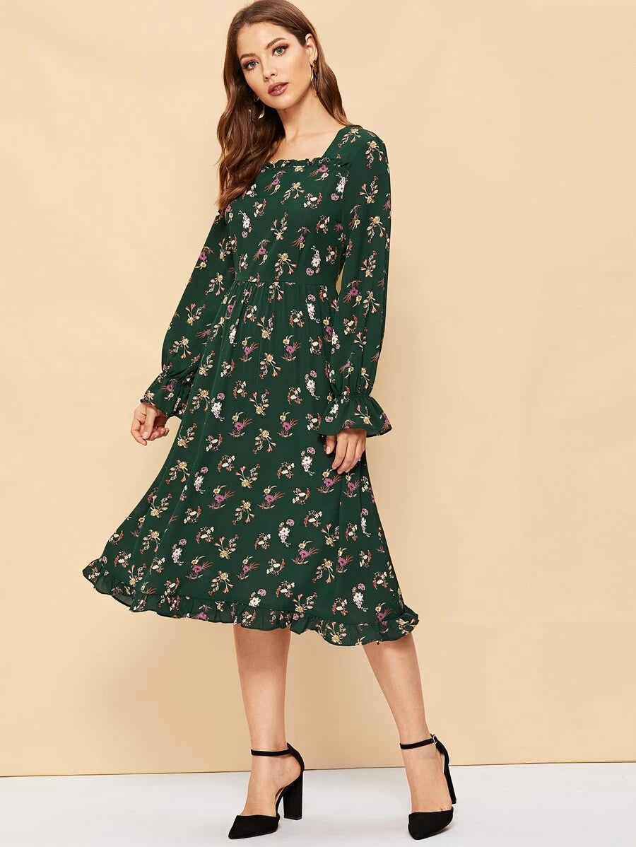 80s Frill Trim Allover Floral Print Pleated Dress Periwinkley Shop