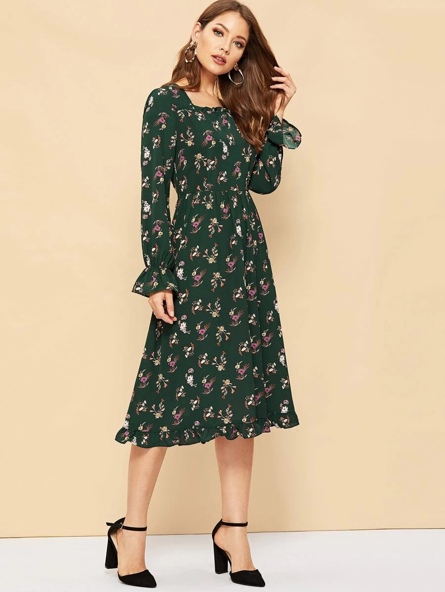 80s Frill Trim Allover Floral Print Pleated Dress Periwinkley Shop